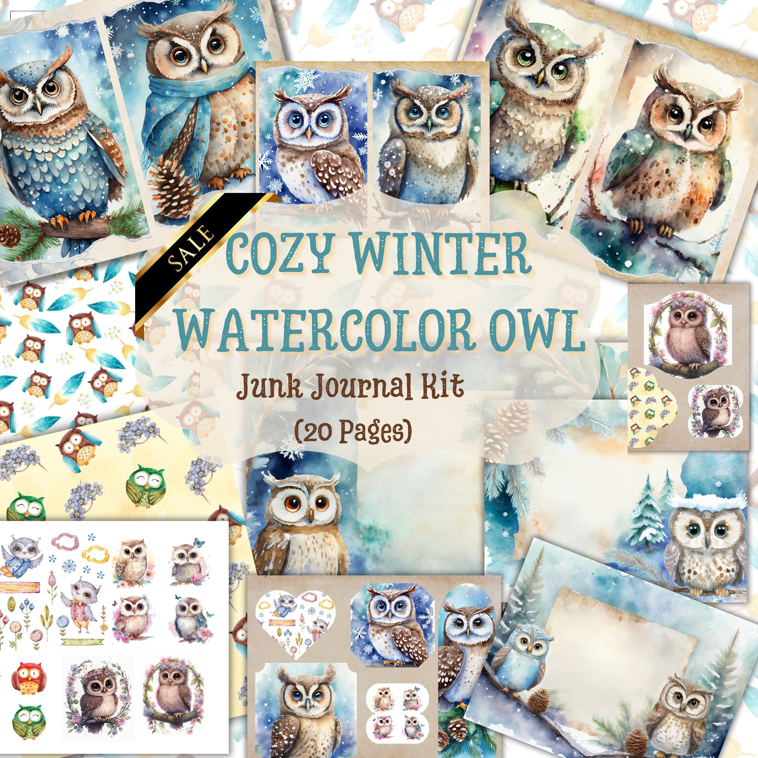 Watercolor Owl Junk Journal Kit: Cozy Winter Ephemera (Digital Download)