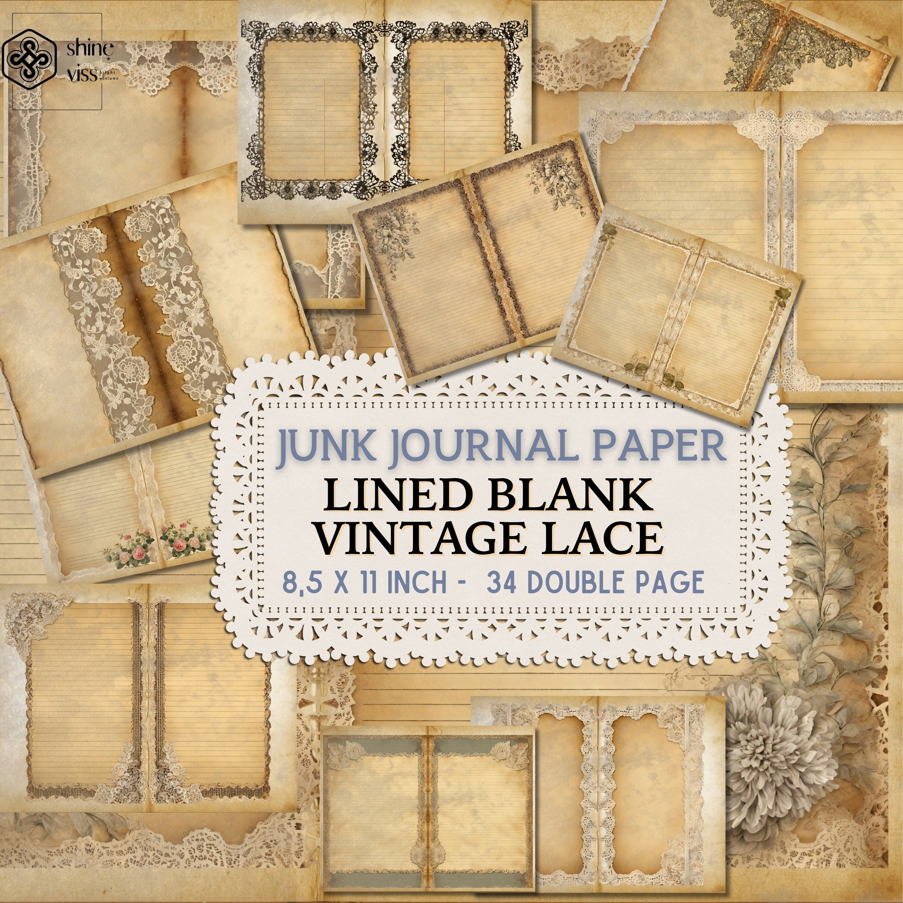 Vintage Lace Junk Journal, Lined Rice Papers, Ruled, Landscape, Portrait, Plain, Beige, 8.5 x 11, Neutral, Dyed Page, Scrapbook, Download