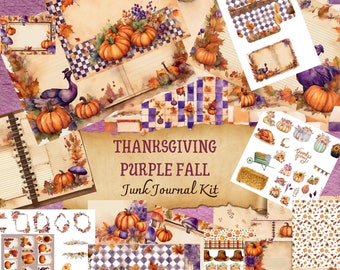 THANKSGIVING JUNK JOURNAL Kit  Purple Fall (Printable Jpg Page Ephemera, Card, Fussy Cut, Tag), Autumn Digital Paper, Scrapbook Mushroom Set