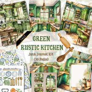 Kit de JOURNAL DE CUISINE DE CUISINE vert rustique, éphémères aquarelles, couverture, carte, enveloppe, papier cadeau vintage, album de coupures, fournitures de ferme de campagne