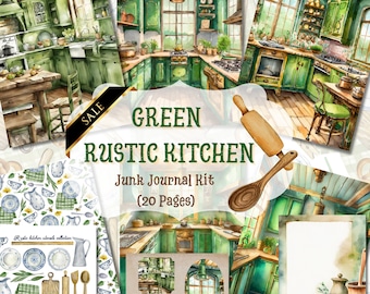 Rustic Green KITCHEN JUNK JOURNAL Kit, Watercolor Ephemera, Cover, Card, Envelope, Vintage Gift Paper, Scrapbook, Country Farmhouse Supplies