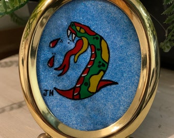 hand painted snake tattoo flash in brass frame