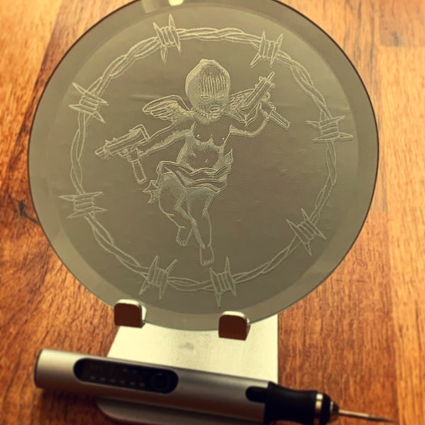 Etched/engraved mirror gangster cherub and barbed wire