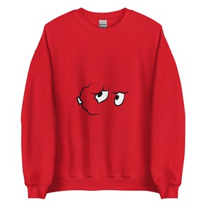 May include: Red sweatshirt with a white cartoon eye design on the front.