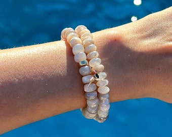Brown Moonstone Stretch Bracelet Genuine Gemstone Moonstone Beaded charm Bracelet 14k Solid Gold Lightening Bolt Charm Bracelet Gift for her
