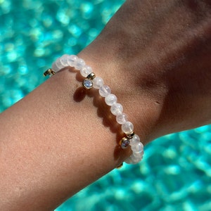 AA Grade Natural Blue Moonstone Bracelet, Gold Filled Bead Bracelet, CZ Bezel Charm bracelet, Moonstone stretch bracelet, stacking bracelet