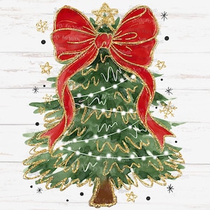 Puede incluir: Ilustración en acuarela de un árbol de Navidad con un gran lazo rojo, detalles de purpurina dorada y luces de cadena. El árbol está decorado con estrellas y copos de nieve dorados. El fondo es una textura de madera blanca. El texto "Joy to You" está en la esquina inferior derecha.