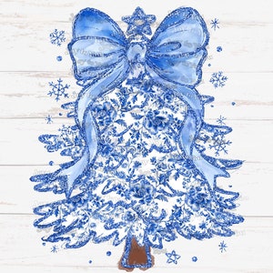 Coquette Glitter Chinoiserie Christmas Tree Png Blue Vintage Floral Toile Bow Christmas tree png sublimation design instant digital download