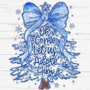 Coquette Glitter Chinoiserie Christmas Tree Png Blue Vintage Floral Toile Bow Christmas tree png sublimation design instant digital download