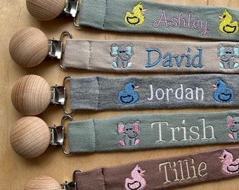 Personalized Pacifier Clip Holder, Embroidered Name, Custom Boho Pacifier Holder, Bamboo Dummy Clip, Monogrammed Baby Shower Gift