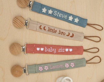 Personalized Pacifier Clip Holder, Embroidered Name, Custom Boho Pacifier Holder, Bamboo Dummy Clip, Monogrammed Baby Shower Gift