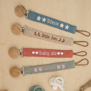 Personalized Pacifier Clip Holder, Embroidered Name, Custom Boho Pacifier Holder, Bamboo Dummy Clip, Monogrammed Baby Shower Gift