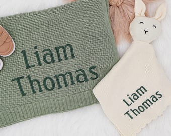 Personalized Baby Blanket & Bunny Lovey Set, Custom Baby Name Blanket, Baby Security Blanket, Baby Shower Gift, Newborn Gift Set