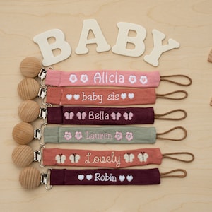 Personalized Pacifier Clip Holder, Embroidered Name, Custom Boho Pacifier Holder, Bamboo Dummy Clip, Monogrammed Baby Shower Gift