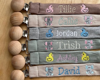 Personalized Pacifier Clip Holder, Embroidered Name, Custom Boho Pacifier Holder, Bamboo Dummy Clip, Monogrammed Baby Shower Gift