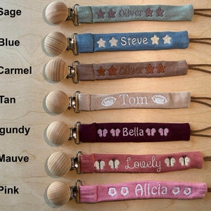 Personalized Pacifier Clip Holder, Embroidered Name, Custom Boho Pacifier Holder, Bamboo Dummy Clip, Monogrammed Baby Shower Gift