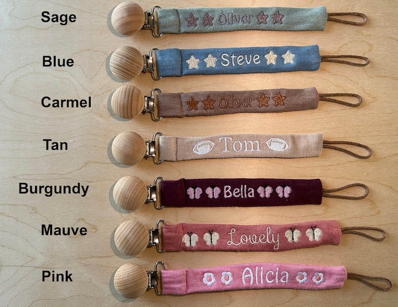 Personalized Pacifier Clip Holder, Embroidered Name, Custom Boho Pacifier Holder, Bamboo Dummy Clip, Monogrammed Baby Shower Gift