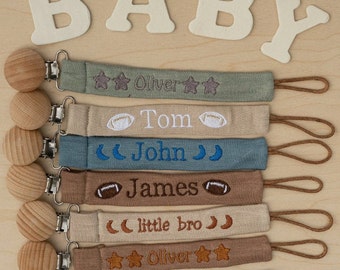 Personalized Pacifier Clip Holder, Embroidered Name, Custom Boho Pacifier Holder, Bamboo Dummy Clip, Monogrammed Baby Shower Gift