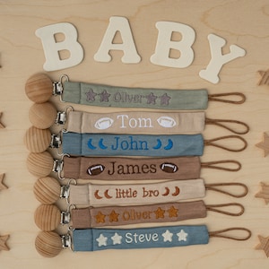 Personalized Pacifier Clip Holder, Embroidered Name, Custom Boho Pacifier Holder, Bamboo Dummy Clip, Monogrammed Baby Shower Gift