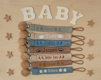 Personalized Pacifier Clip Holder, Embroidered Name, Custom Boho Pacifier Holder, Bamboo Dummy Clip, Monogrammed Baby Shower Gift