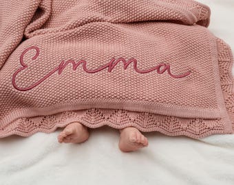 Baby Girl Gift, Personalized Knitted Baby Blanket, Baby Blanket: Embroidered Name, Cotton Keepsake