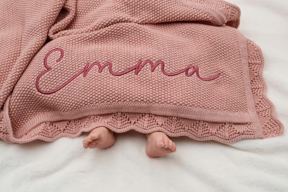 Baby Girl Gift, Personalized Knitted Baby Blanket, Baby Blanket: Embroidered Name, Cotton Keepsake