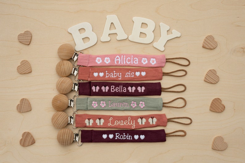 Personalized Pacifier Clip Holder, Embroidered Name, Custom Boho Pacifier Holder, Bamboo Dummy Clip, Monogrammed Baby Shower Gift