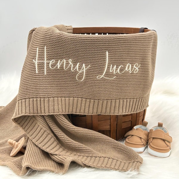 Embroidered Baby Blanket, Cotton Knit Baby Blanket, Newborn Gift, Baby Shower Gift, Personalized Baby Blanket