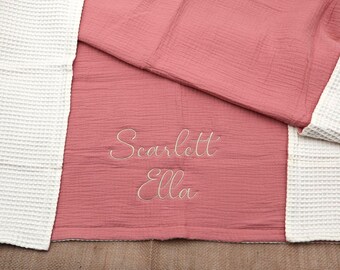 Personalized Baby Blanket with Name, Muslin Swaddle, Waffle knit blanket, Custom Baby Blanket, Baby Shower Gift, Embroidered Blanket