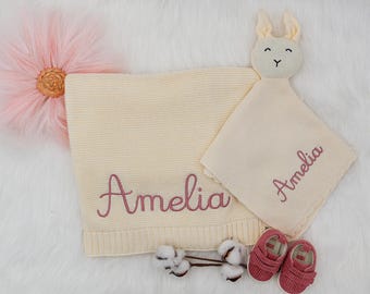 Personalized Baby Blanket & Bunny Lovey Set, Custom Baby Name Blanket, Baby Security Blanket, Baby Shower Gift, Newborn Gift Set