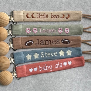 Personalized Pacifier Clip Holder, Embroidered Name, Custom Boho Pacifier Holder, Bamboo Dummy Clip, Monogrammed Baby Shower Gift