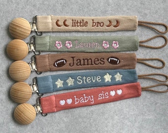 Personalized Pacifier Clip Holder, Embroidered Name, Custom Boho Pacifier Holder, Bamboo Dummy Clip, Monogrammed Baby Shower Gift