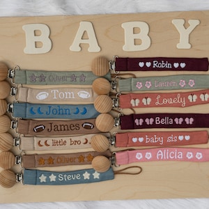 Personalized Pacifier Clip Holder, Embroidered Name, Custom Boho Pacifier Holder, Bamboo Dummy Clip, Monogrammed Baby Shower Gift