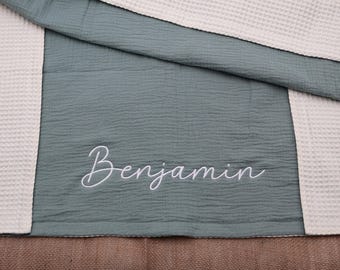 Personalized Baby Blanket with Name, Muslin Swaddle, Waffle knit blanket, Custom Baby Blanket, Baby Shower Gift, Embroidered Blanket