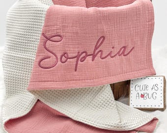 Personalized Baby Blanket with Name, Muslin Swaddle, Waffle knit blanket, Custom Newborn Gift, Baby Shower Gift, Embroidered Blanket