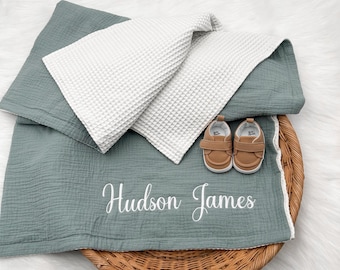 Personalized Baby Blanket with Name, Muslin Swaddle, Waffle knit blanket, Custom Newborn Gift, Baby Shower Gift, Embroidered Blanket
