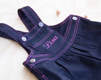 Personalized Girl Toddler Romper Dungrees, Embroidered Baby Overalls, Baby or Toddler Jumpsuit with Name, Soft Denim Toddler Jumpsuit Outfit