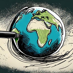 Le stylo rencontre la planète -- art de l'IA, art de la Terre, planète créative, illustration au stylo, art de la carte du monde, style dessiné à la main, impression artistique