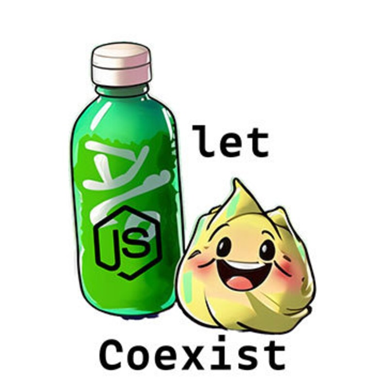K&ouml;nnte beinhalten: Eine gr&uuml;ne Flasche mit einem wei&szlig;en Verschluss und einem Logo mit der Aufschrift "JS". Die Flasche steht neben einer gelben Comicfigur mit einem gr&uuml;nen B&uuml;schel auf dem Kopf. Der Text "let us coexist" steht unter dem Bild.