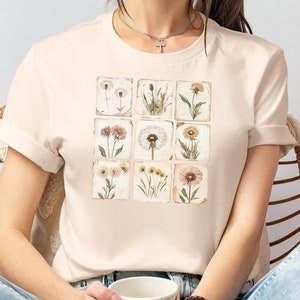 Koszulka z grafiką Wildflower, koszulka Boho Cottagecore, koszula z pastelowymi kwiatami dla niej, prezent dla miłośnika ogrodów, koszulka z mniszkiem lekarskim dla kobiet, koszulka z kwiatami