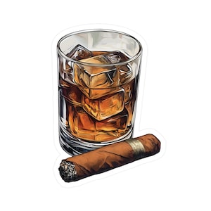 Cigar And Whisky Water Resistant Vinyl Laptop Sticker, Man Cave Sticker, Whisky Drinker Sticker,