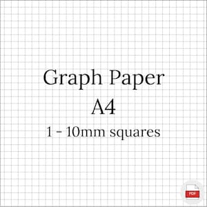 May include: A sheet of graph paper with a grid of small squares. The text "Graph Paper A4" is displayed in a bold, black font, along with "1 - 10mm squares". A PDF icon is in the bottom right corner.
