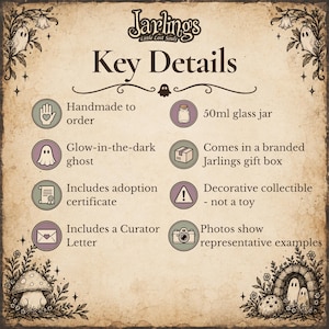 May include: An informational graphic titled Jarlings Little Lost Souls Key Details on aged parchment paper. It lists features including a 50ml glass jar, a glow-in-the-dark ghost, an adoption certificate, a curator letter, and a branded gift box.