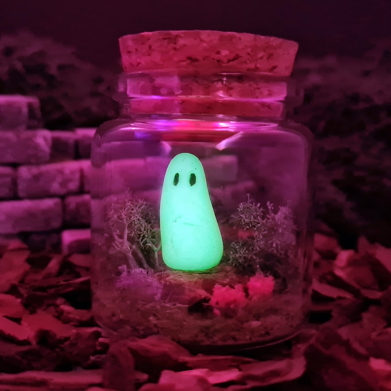 May include: A glass jar with a cork lid containing a glowing green ghost figurine and moss. The jar is sitting on a bed of red wood chips.