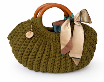 Handmade Olive Crochet Purse with Wooden Handles & Scarf – Boho Chic Handbag, Recycled T Shirt Yarn Bag, Statement Shoulder Tote