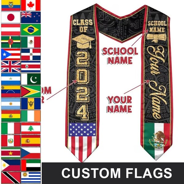 Personalized Mexican Graduate Stoles, Mixed Country Flag Graduation Stoles Sash Graduate Stoles Class of 2024, Graduation Gift, Grad Stole