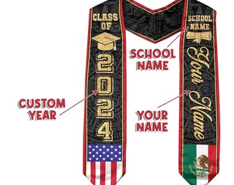 Personalized Mexican Graduate Stoles, Mixed Country Flag Graduation Stoles Sash Graduate Stoles Class of 2024, Graduation Gift, Grad Stole