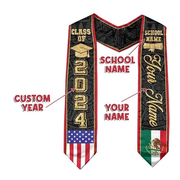 Personalized Mexican Graduate Stoles, Mixed Country Flag Graduation Stoles Sash Graduate Stoles Class of 2024, Graduation Gift, Grad Stole