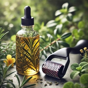 May include: A clear glass bottle with a black dropper top filled with a yellow liquid containing green herbs. The bottle is sitting on a green leafy surface next to a black and silver derma roller.