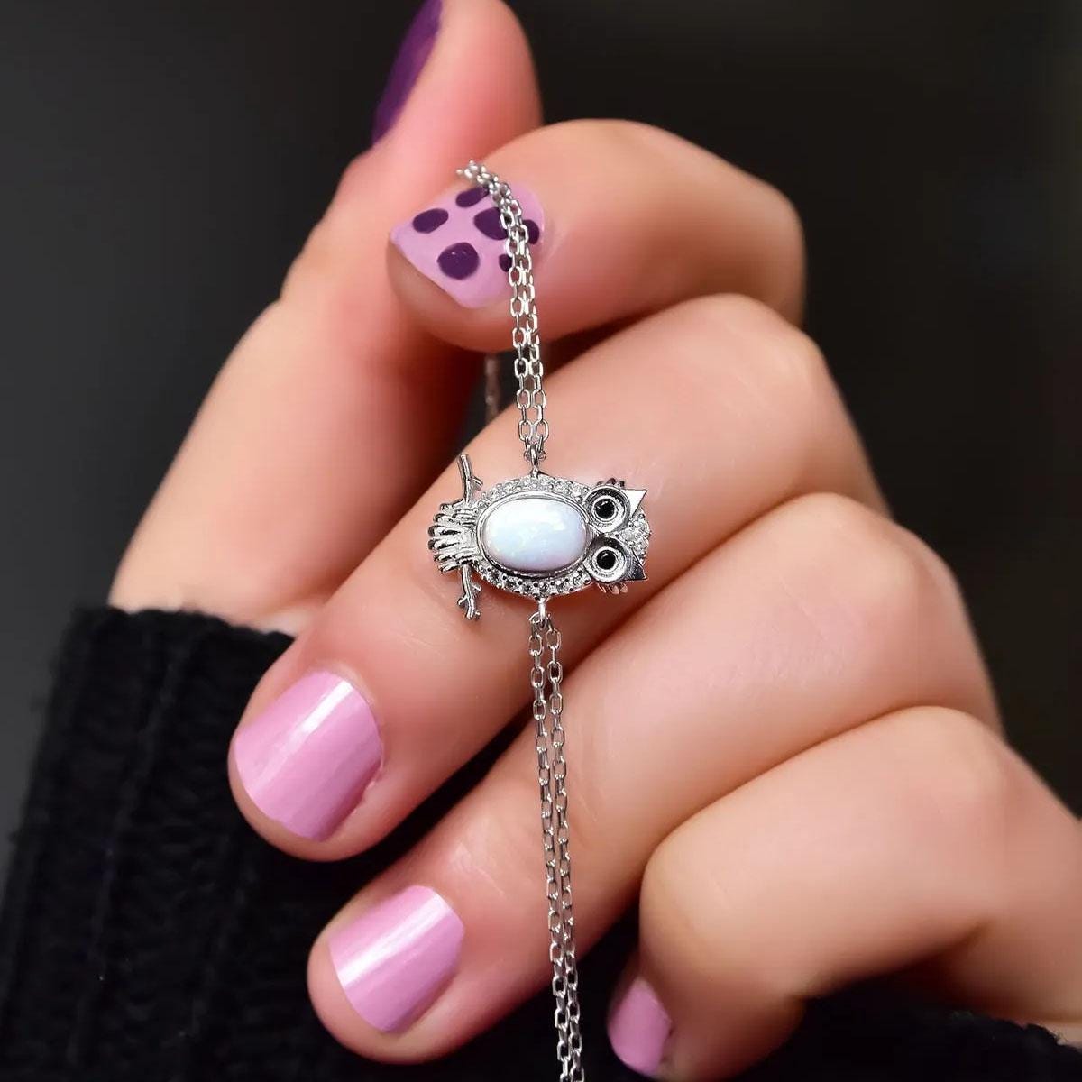 Opal Owl Bracelet, Halloween Jewelry Gift, Sterling Silver White Opal Bracelet, Owl Lover Jewelry, O